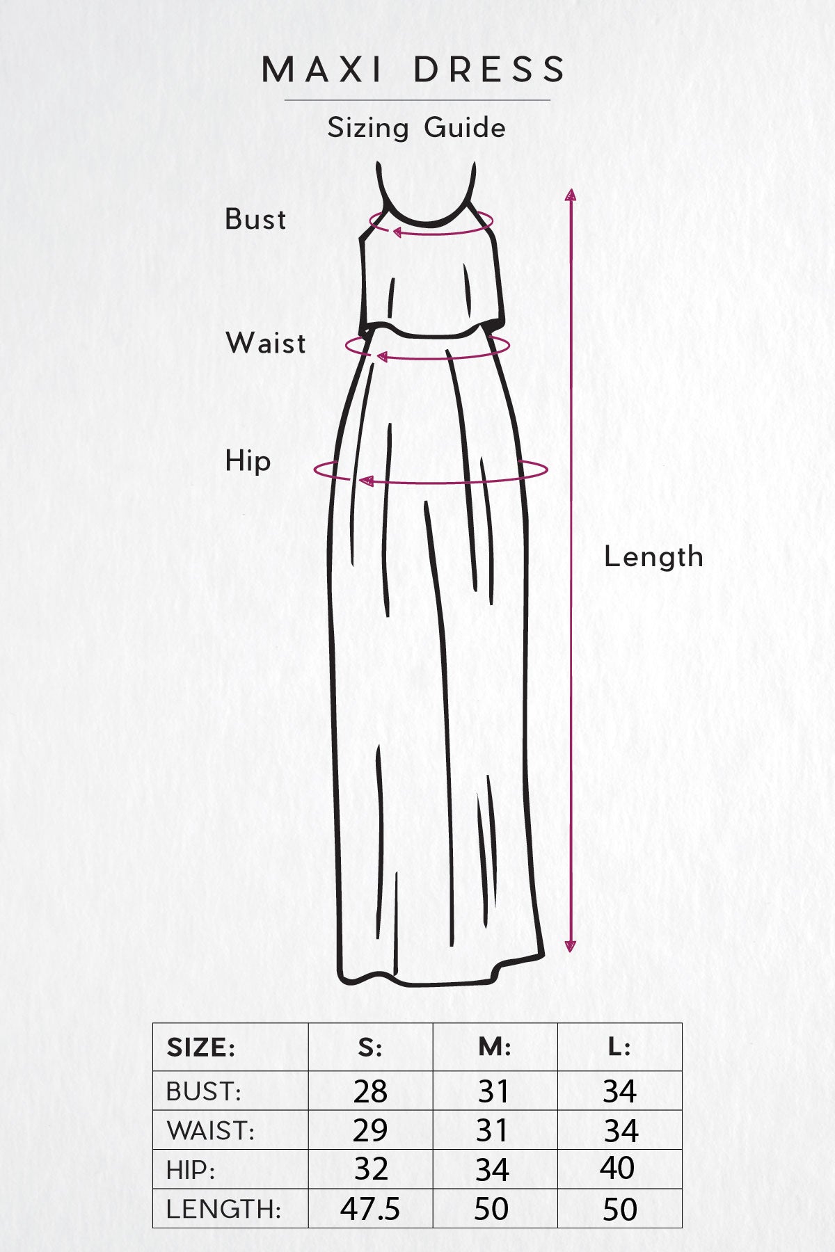 Maxi Dress Sizing Guide from Bella Ella Boutique.