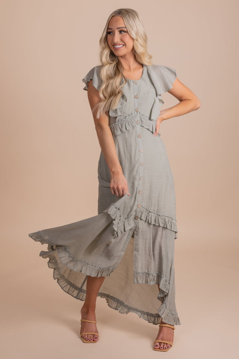 Sage Green Button-Up Front Boutique Maxi Dresses for Women