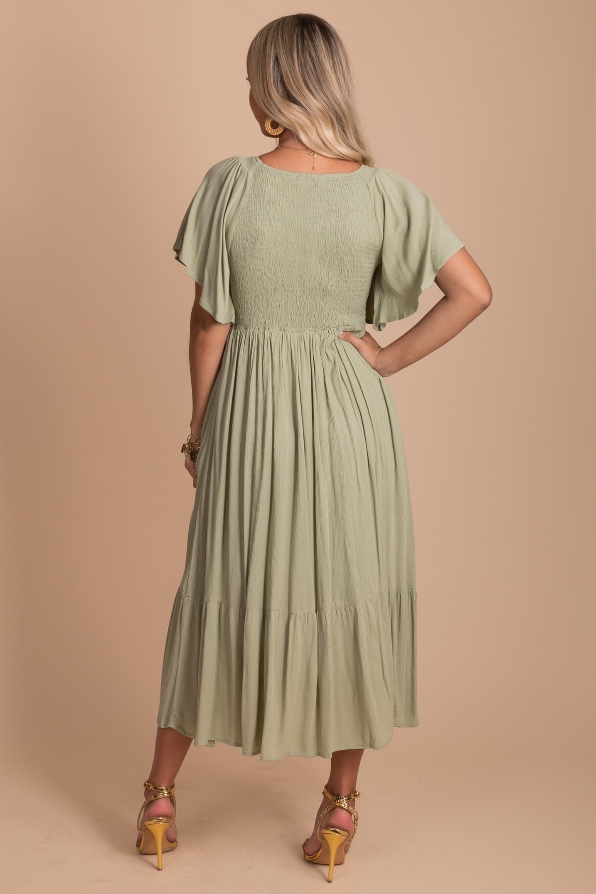 Smocked Midi Dress with Flutter Sleeves and Flounce Hem