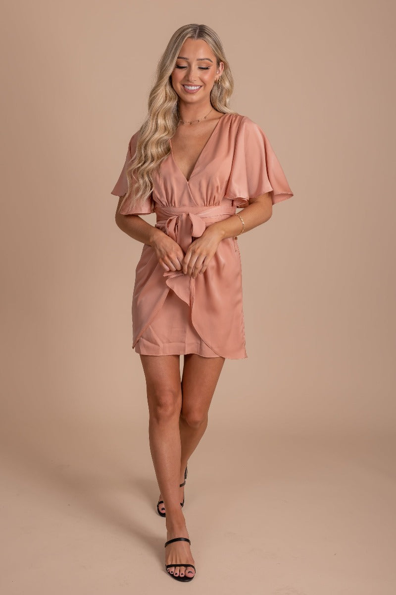 faux wrap tie front silk mini dress for special occasions