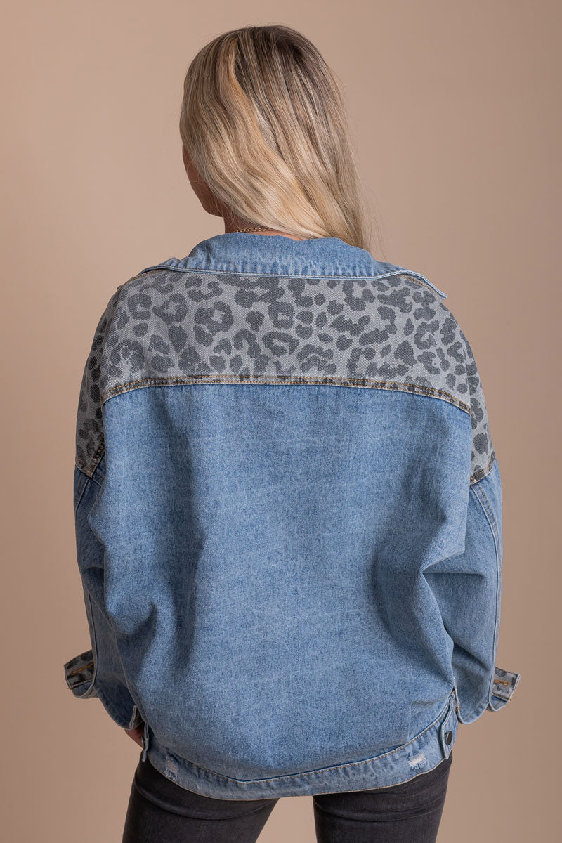 boutique women's animal print denim jacket for fall