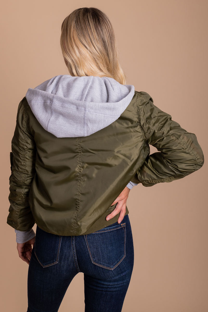 women's fall and winter olive green bomber jacket