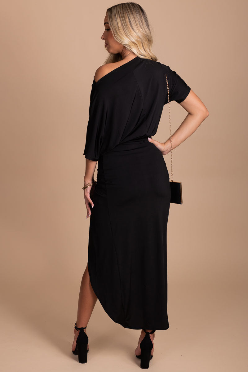 women's one shoulder black midi dress