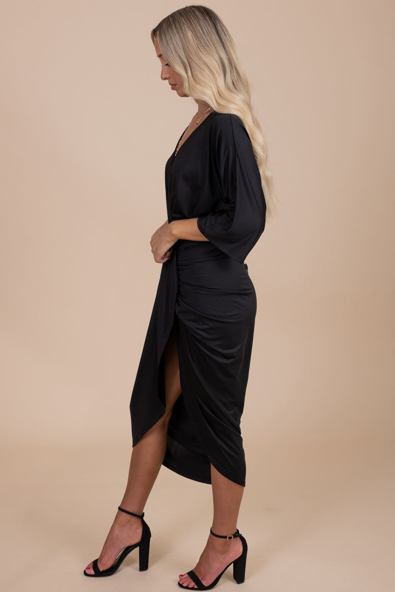 boutique women's black 3/4 length sleeve midi dress