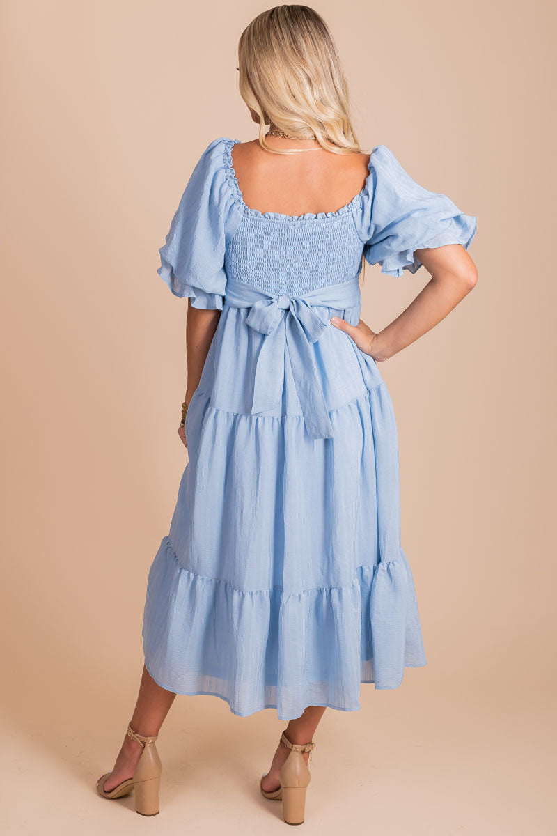 affordable puff sleeve light blue midi dress