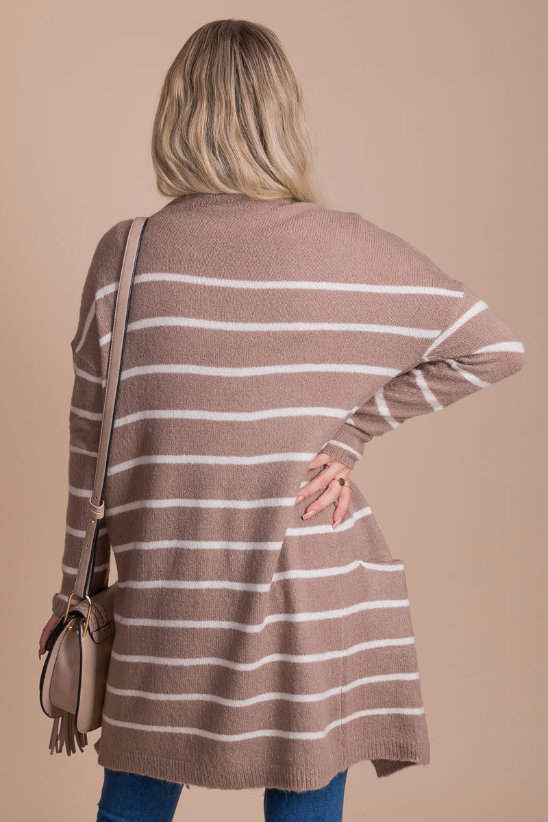women's boutique light brown striped cardigan for fall