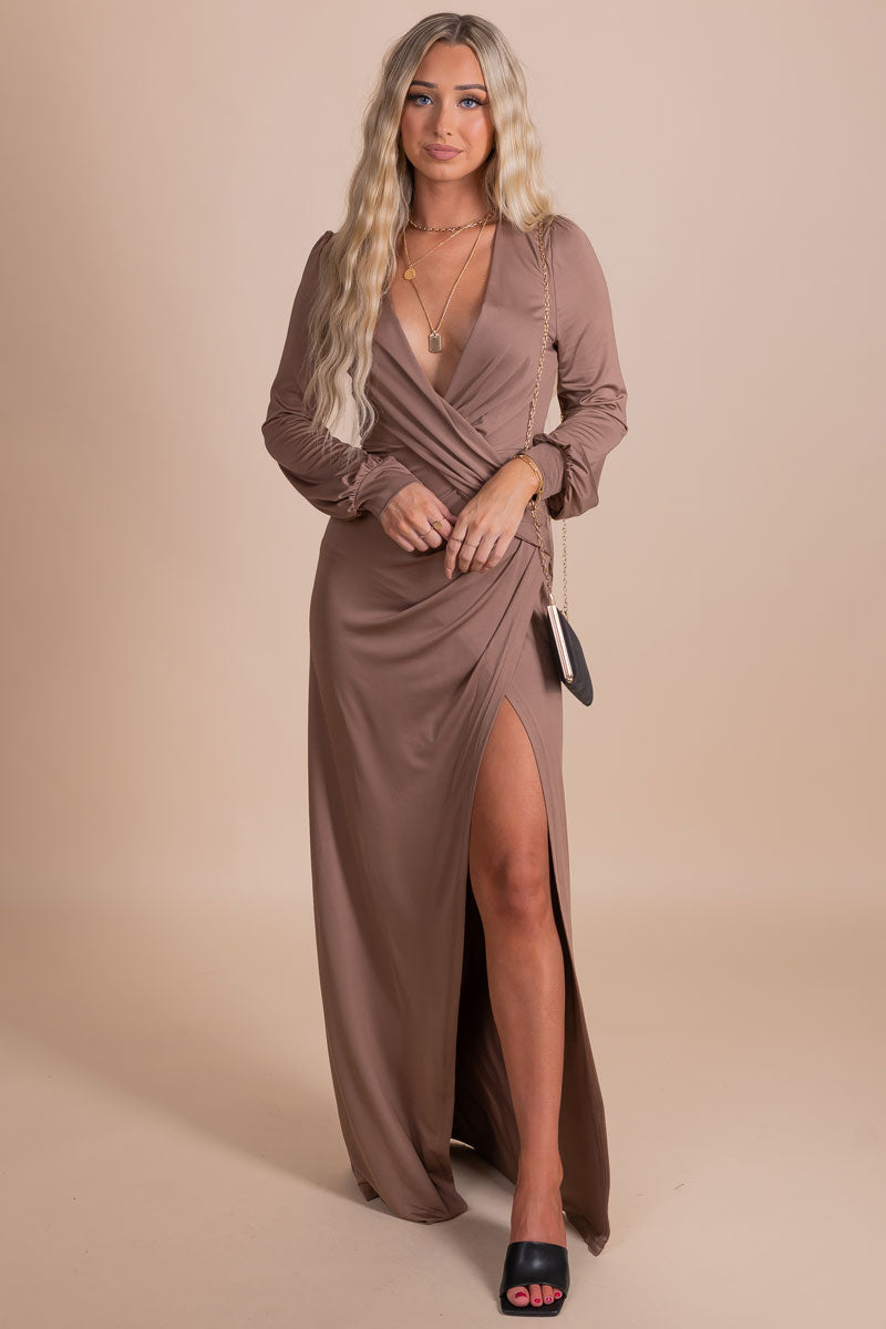 women's boutique light brown long sleeve maxi dress