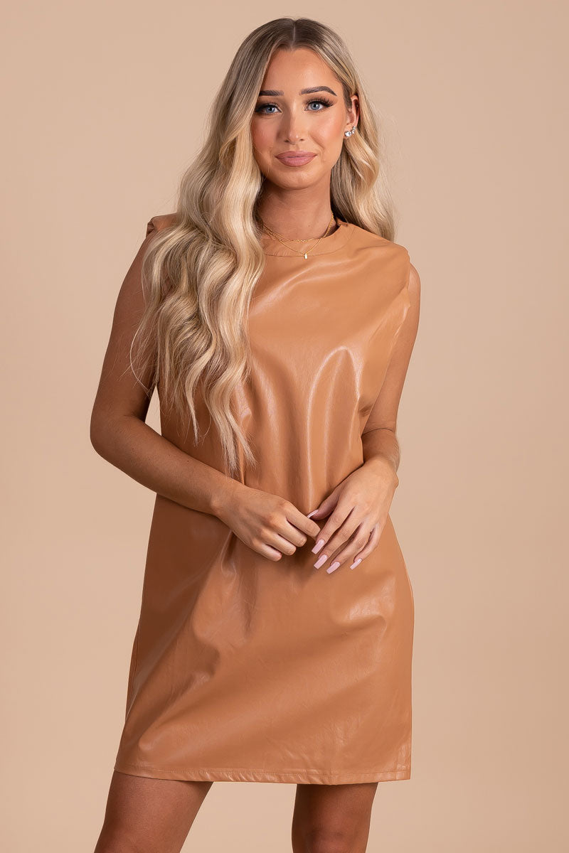 Be Fearless Faux Leather Mini Dress - Light Brown