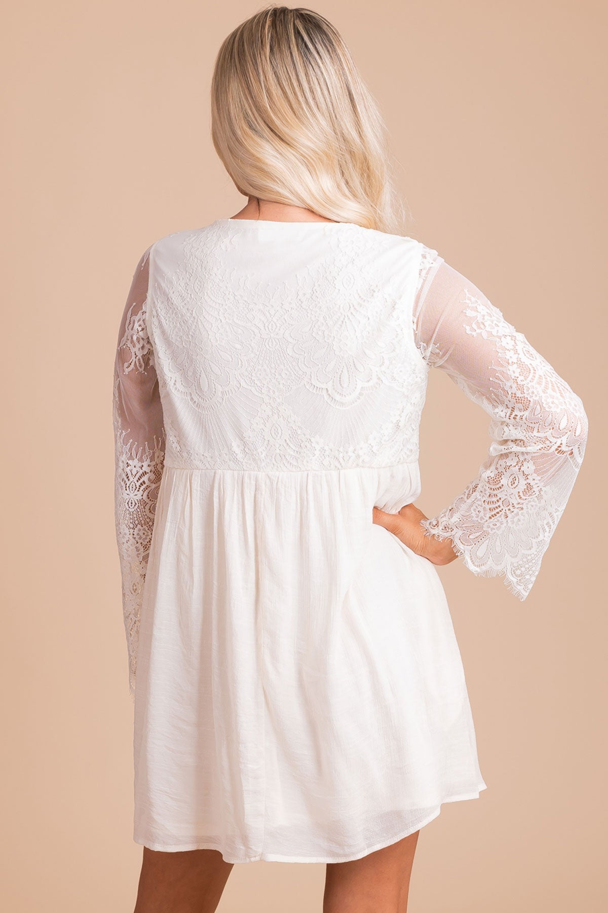 Lace Accent Mini Dress in White for Women