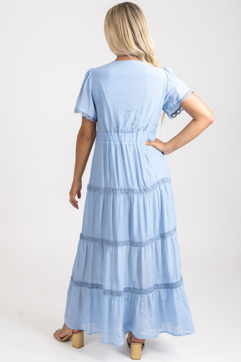 Boutique Long Dress with Lace Tiers in Blue for Women