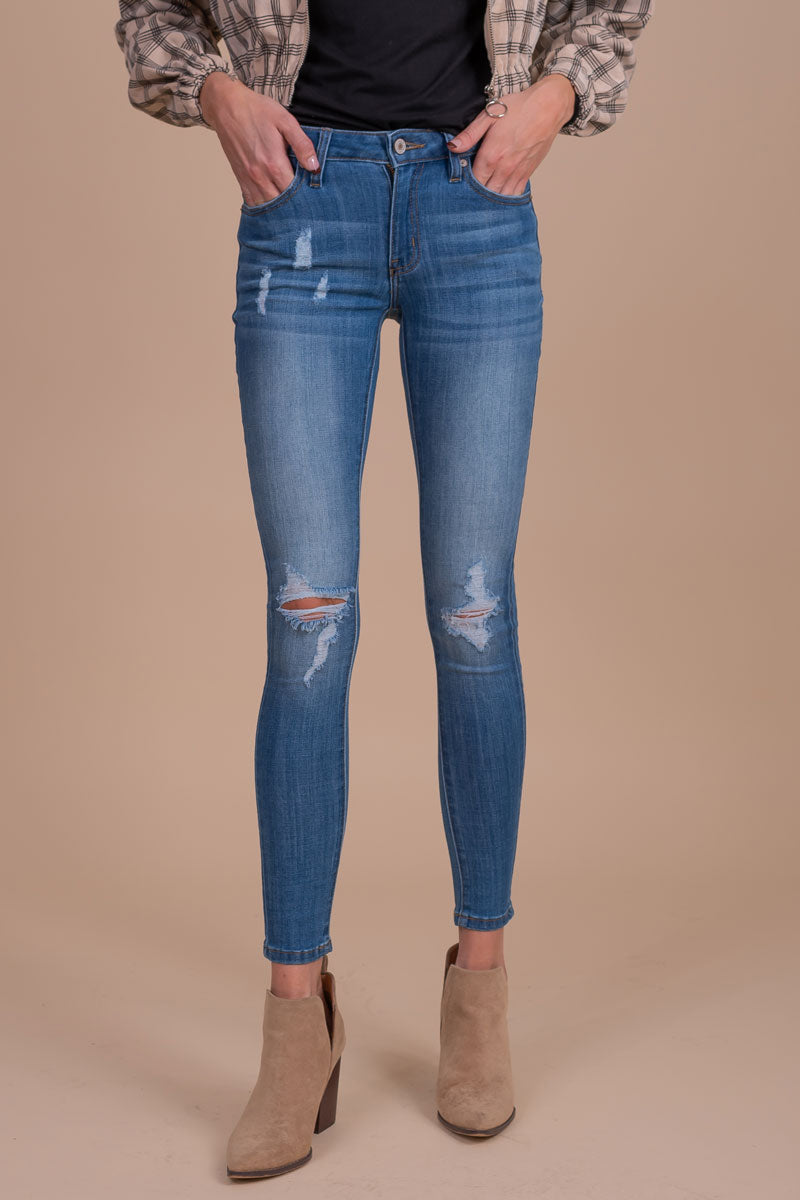 denim boutique jeans with distressed patches