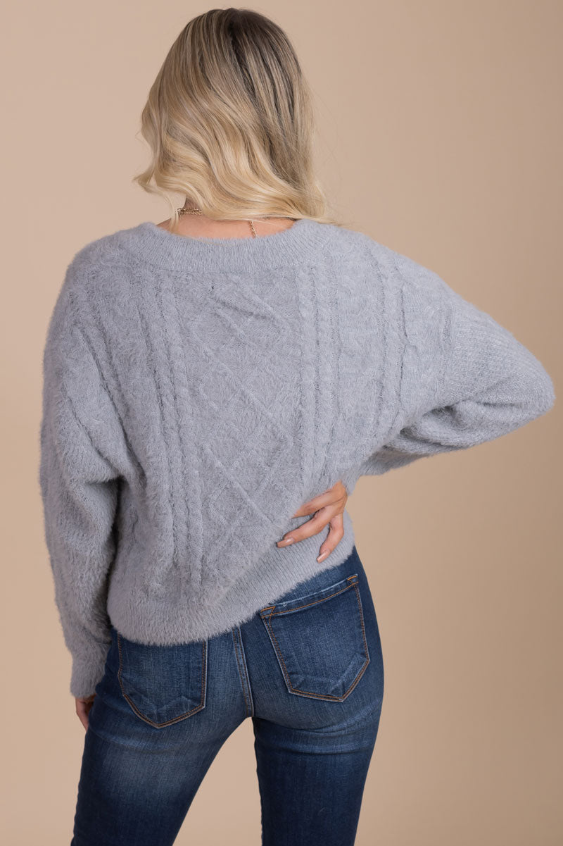 women's boutique light gray long sleeve v-neck cropped sweater