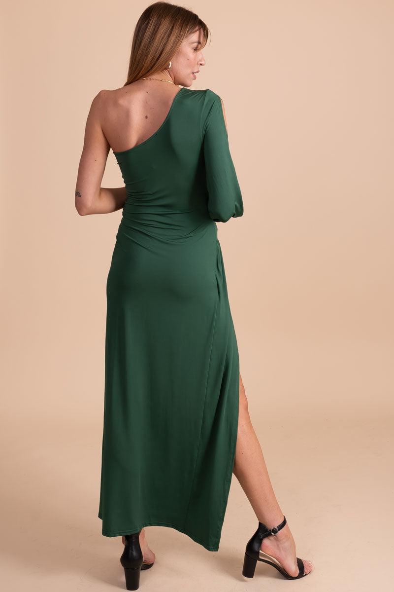dark green one shoulder maxi dress for the holidays