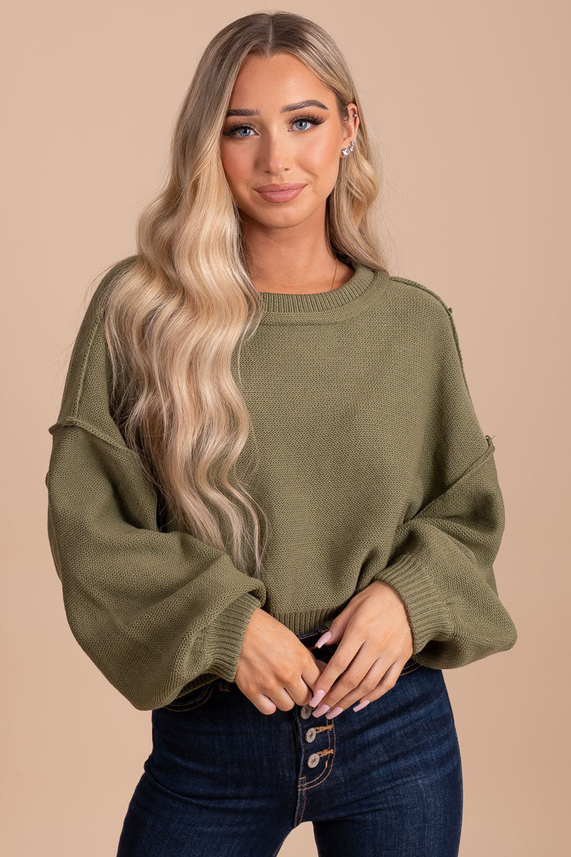 boutique women's green long puff sleeve sweater