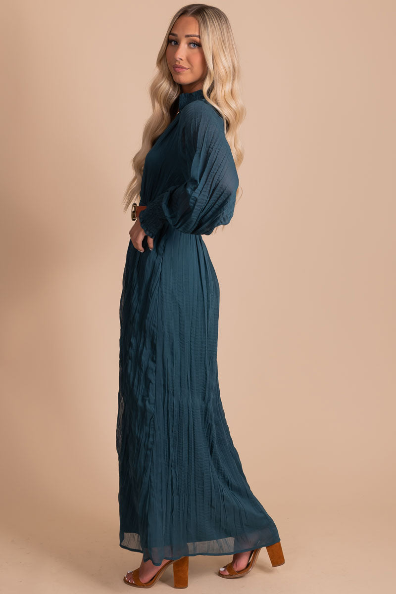 dark teal green maxi dress with long sleeves