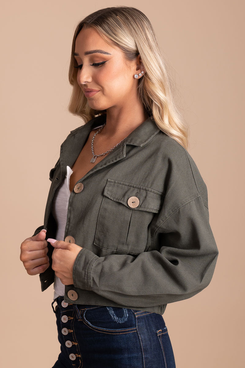olive green button front cropped jacket
