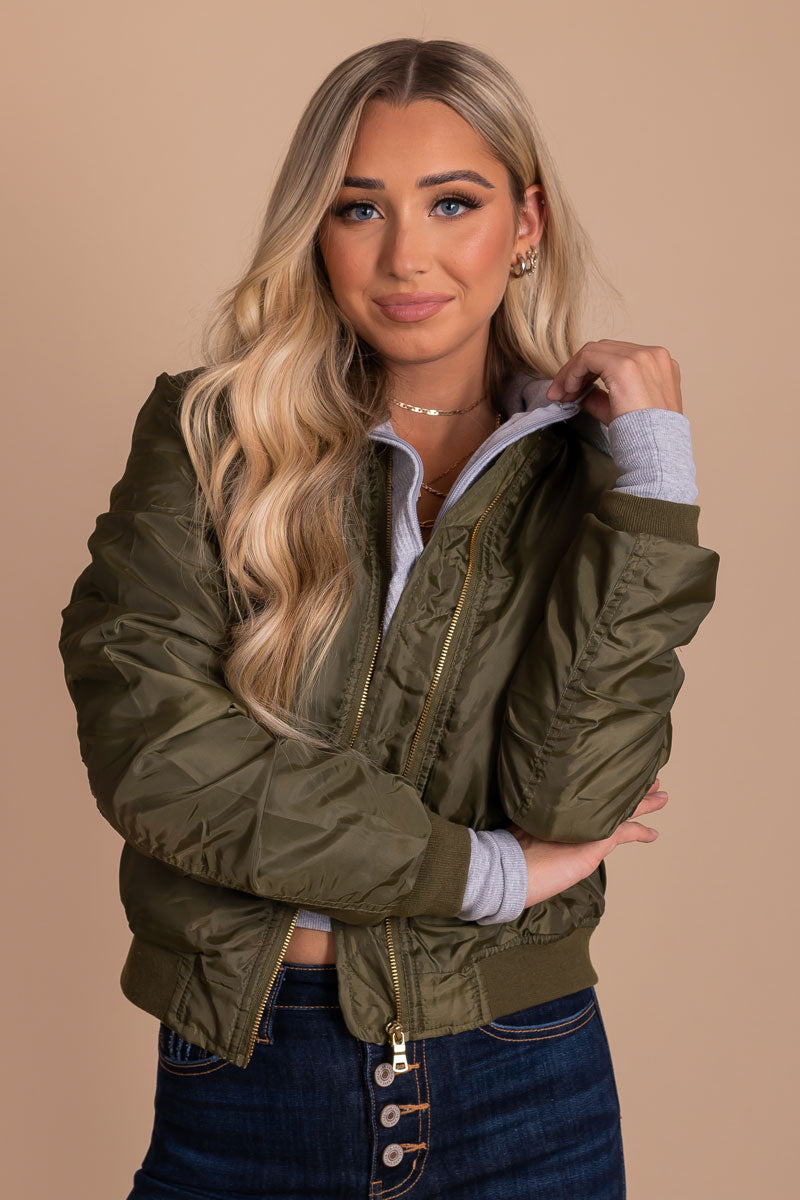 women's olive green cropped bomber jacket
