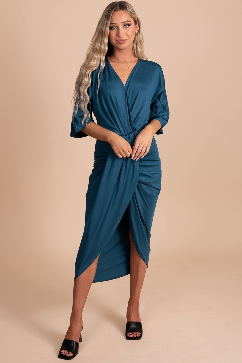 dark blue midi wrap dress
