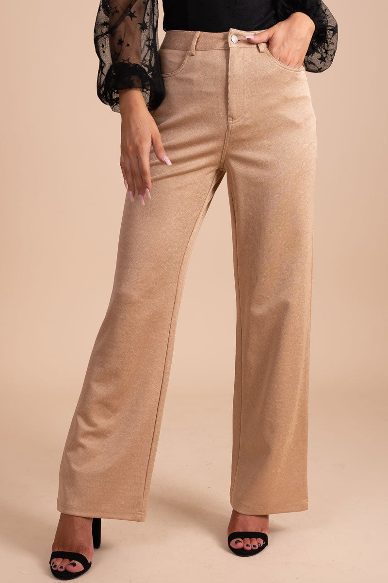 Life Illuminated Shimmery High-Waisted Pants - Light Brown
