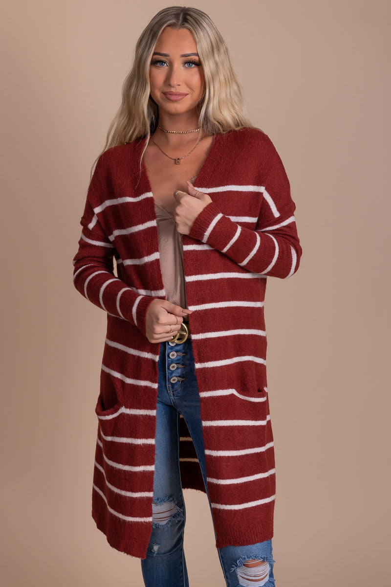 boutique women's burgundy red striped cardigan with pockets