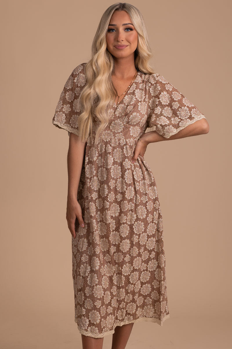 Floral and Lace Mocha Colored Dress
