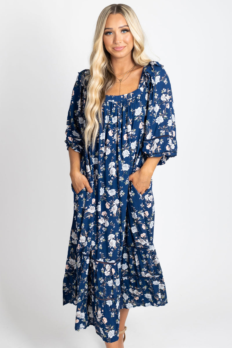 Shower Me With Flowers Floral Maxi Dress - Dark Blue