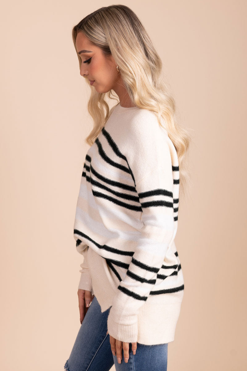 striped long sleeve knit sweater