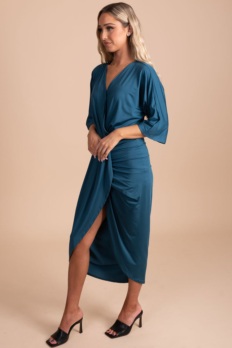 boutique women's dark blue v-neck wrap dress with thigh high slit