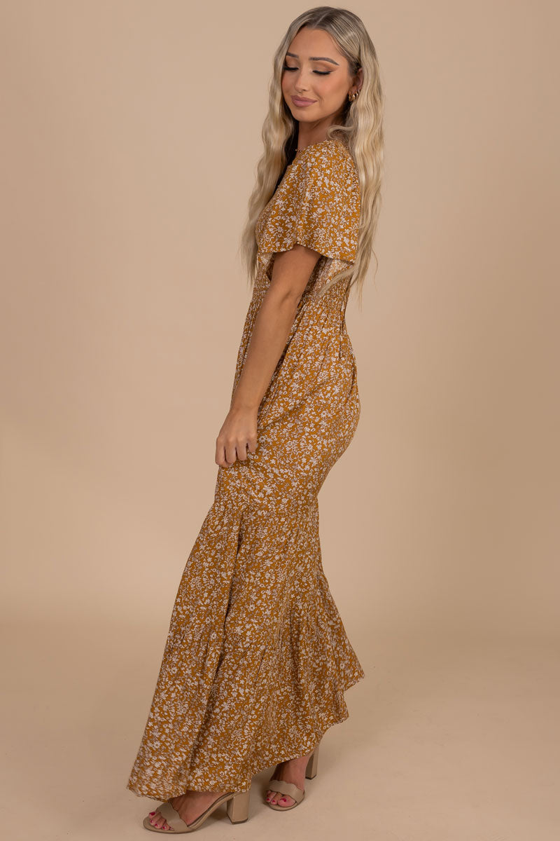 Flowy Maxi Dress with Floral Print for Women in Mustard Yellow