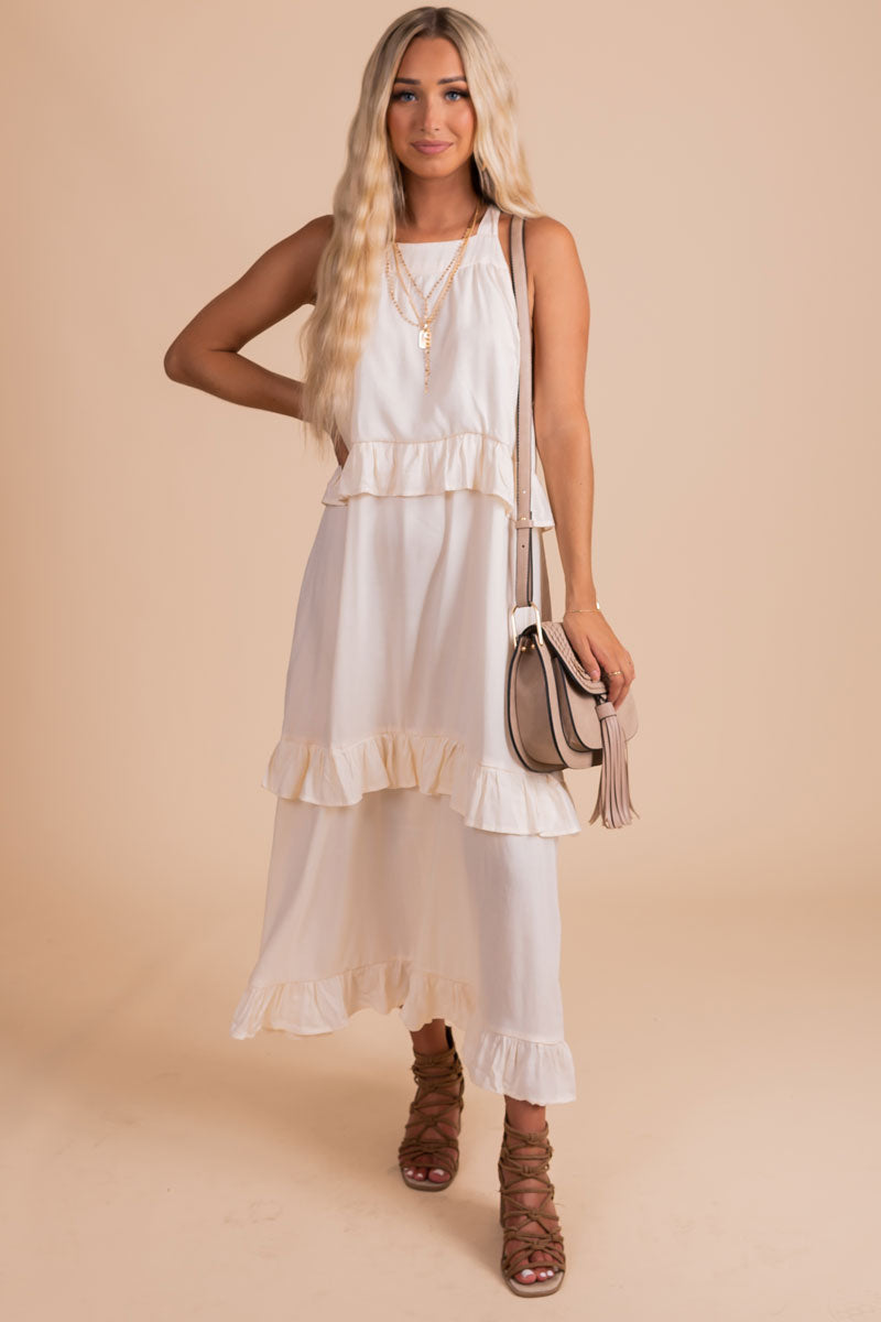 Cream Long Dress with Tiered Skirt for Women