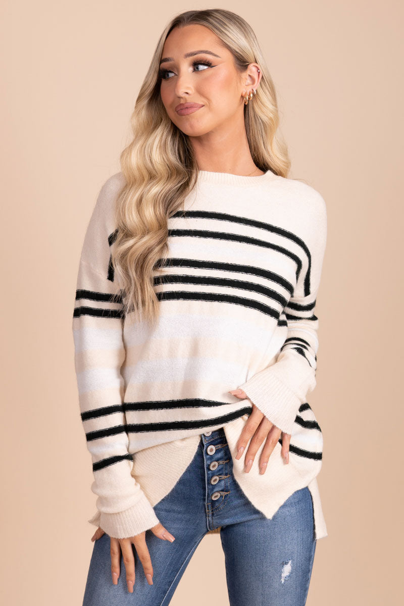 black and white striped soft knit sweater