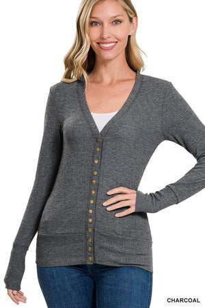 Snap Button Sweater Cardigan with Ribbed Detail