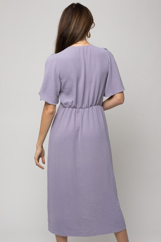 SOLID V NECK MIDI DRESS W/ FRONT KNOT
