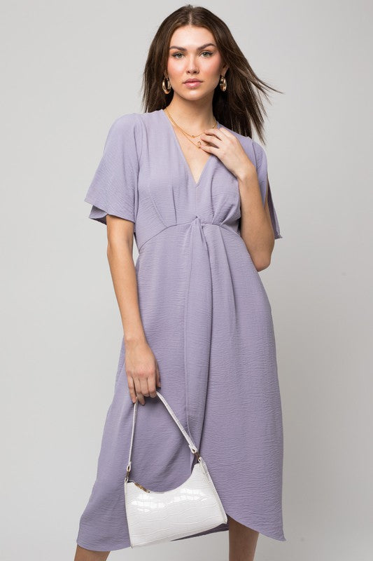SOLID V NECK MIDI DRESS W/ FRONT KNOT