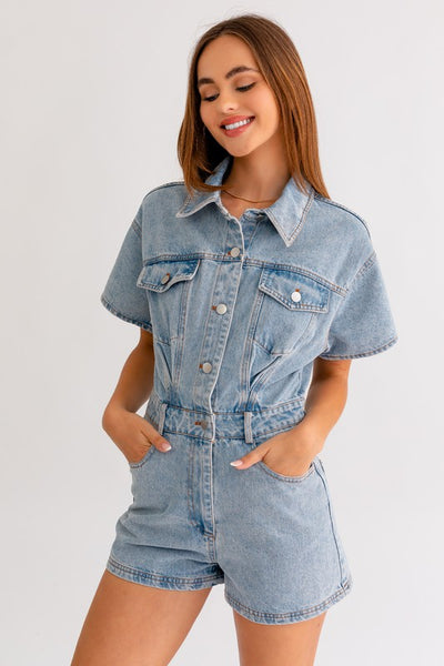 Elise Short Sleeve Denim Romper – She Is Boutique