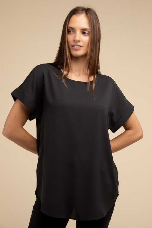 Woven Heavy Dobby Rolled Sleeve Boat Neck Top
