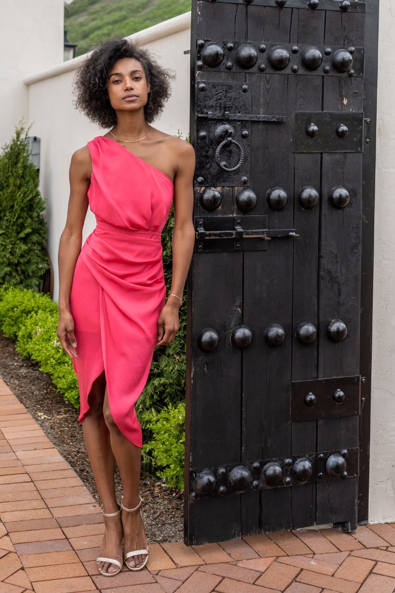 Keep Wondering One Shoulder Wrap Mini Dress