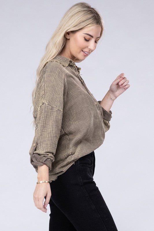 Washed Gauze Eyelet Button Down Shirt - Nude - LUXXE Boutique