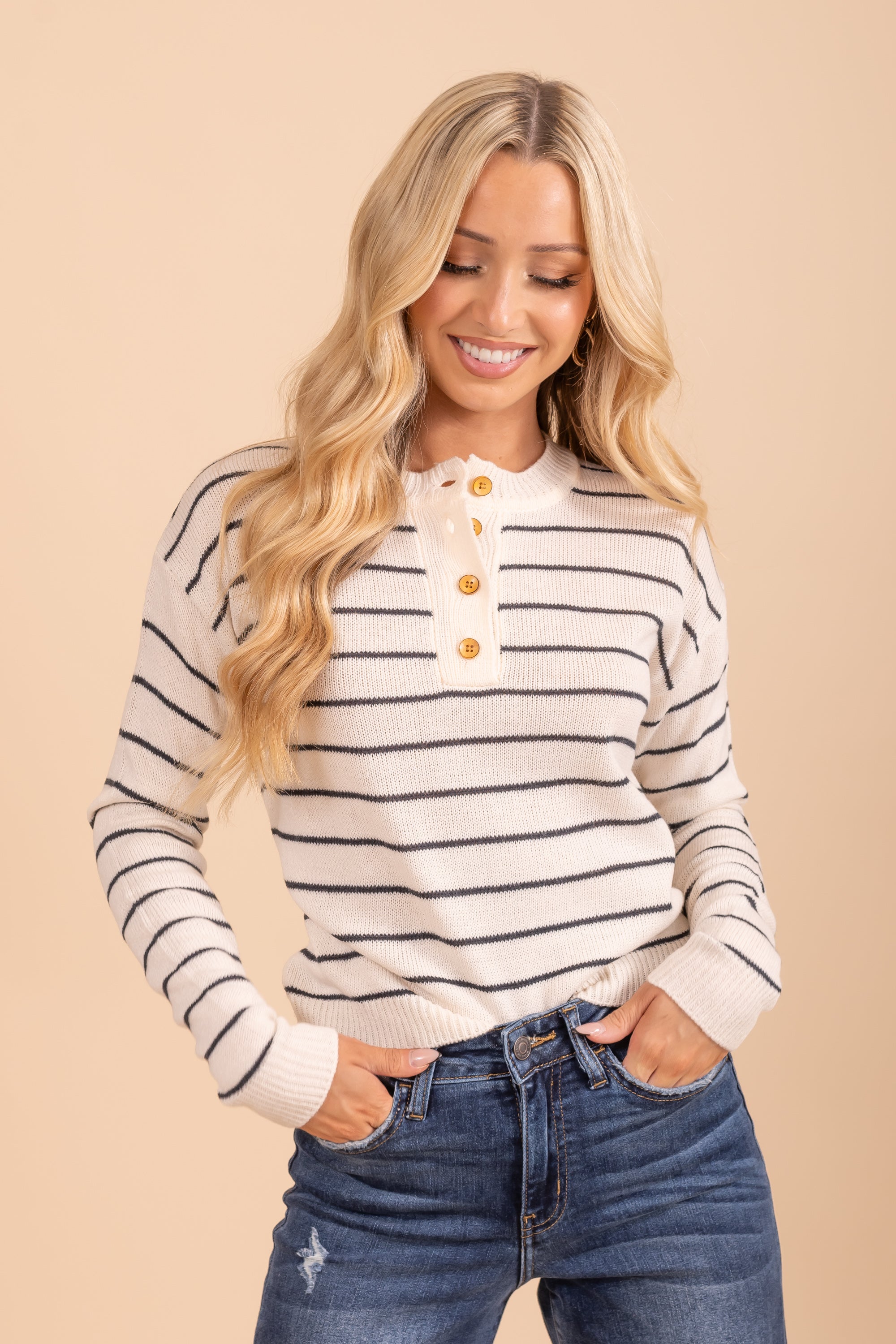 Button Down Henley Striped Sweater