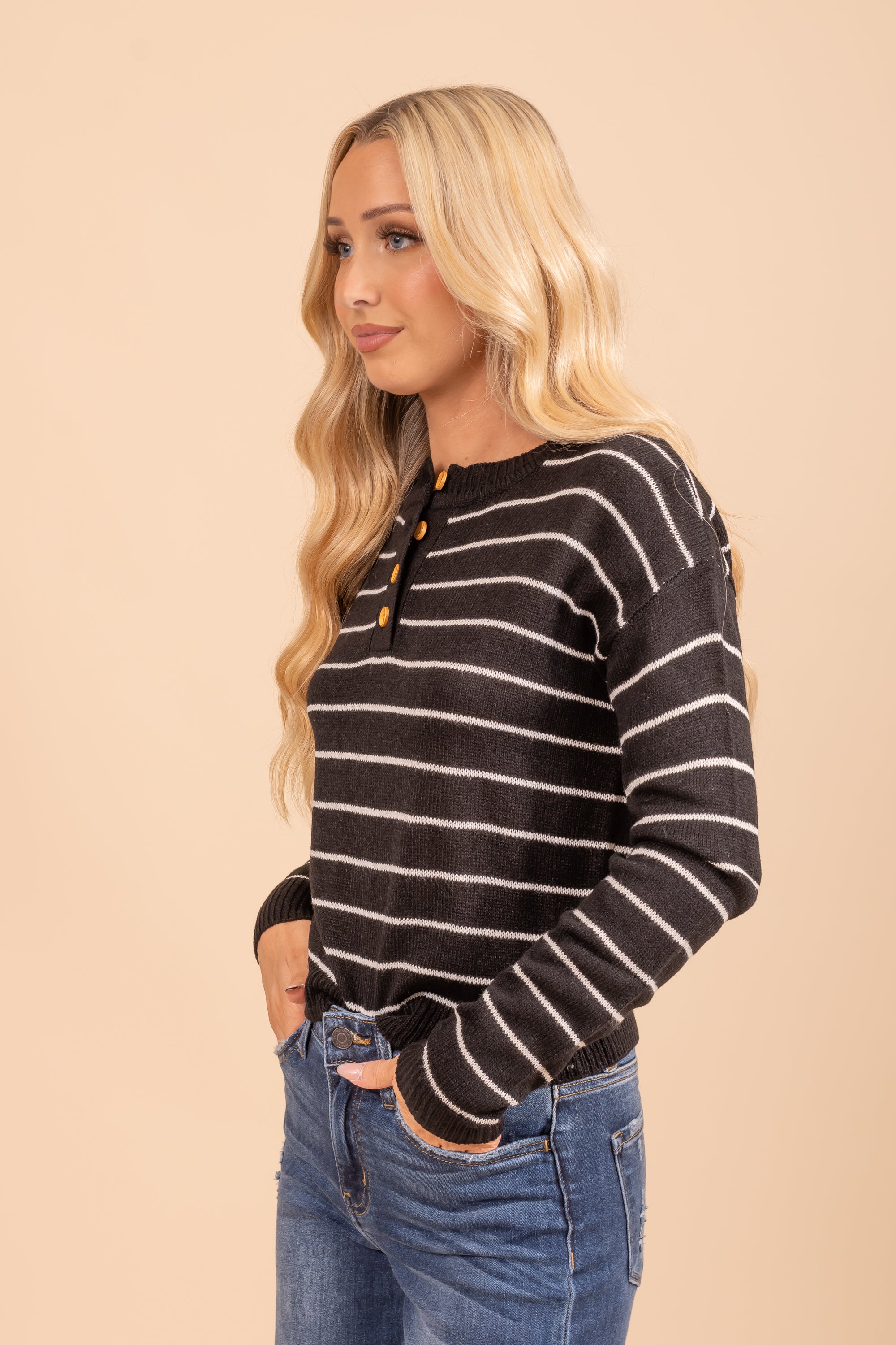Button Down Henley Striped Sweater