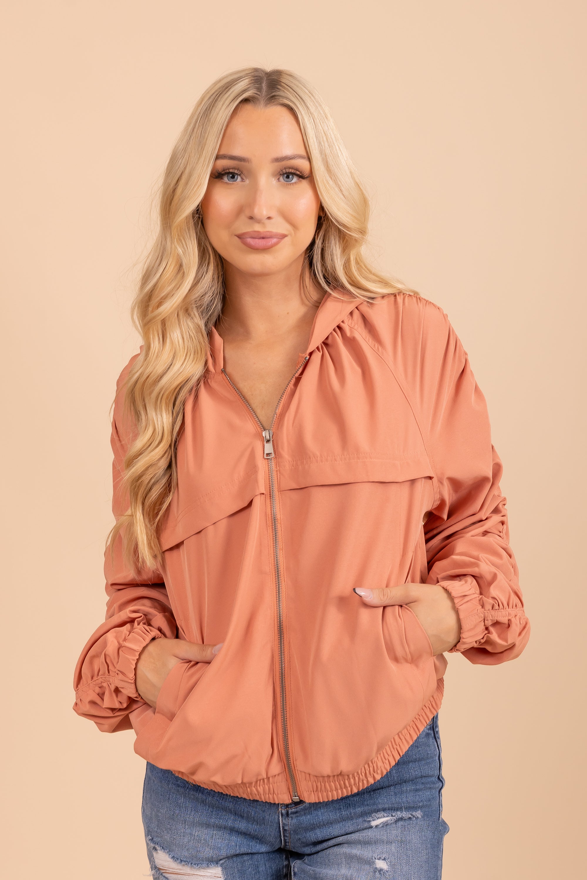 Zip Up Hooded Jacket With Ruched Sleeves