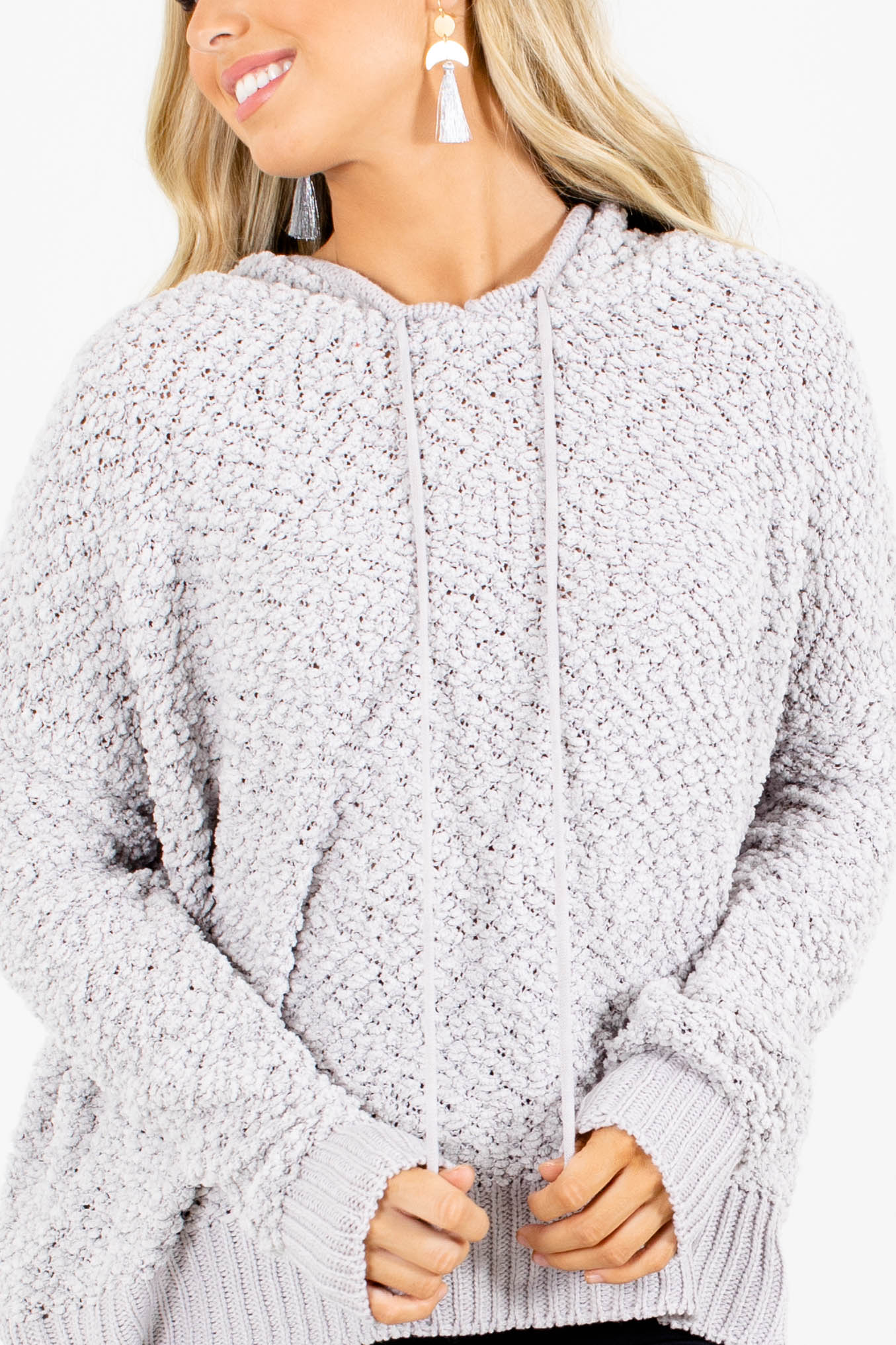 Popcorn Yarn Hooded Pullover Sweater