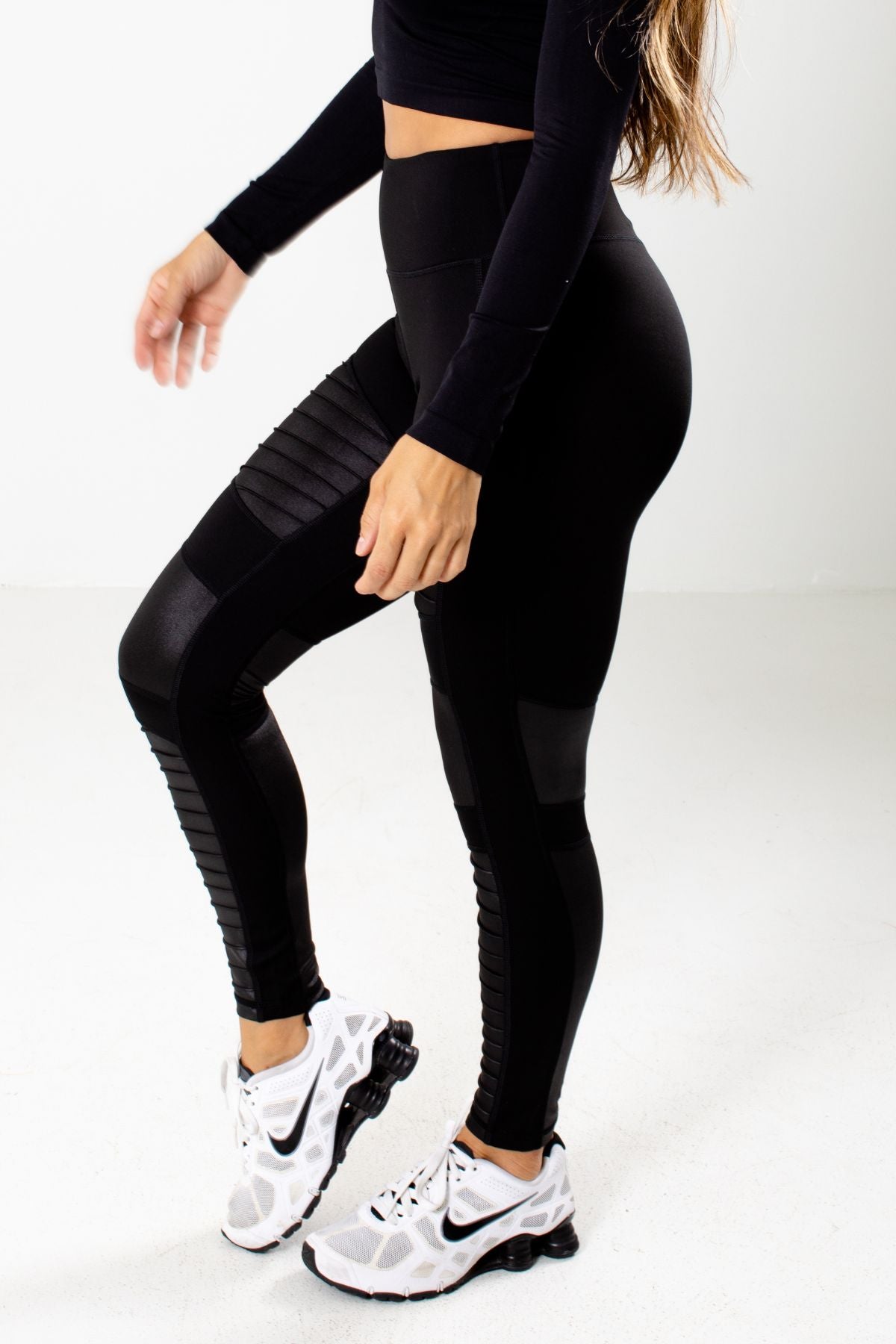 Black Leather Accented Boutique Activewear Leggings