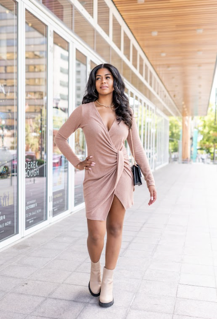 neutral wrap dress