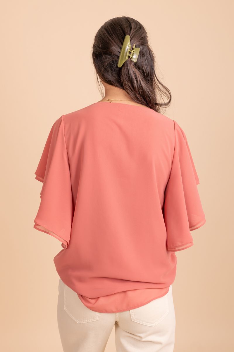 V Neck Butterfly Sleeve Blouse in Pink