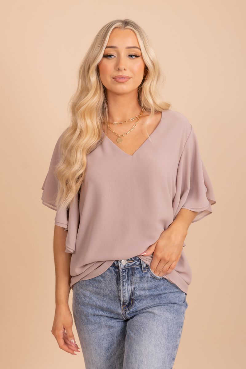 Taupe Brown Cute and Comfortable Boutique Blouses for Women