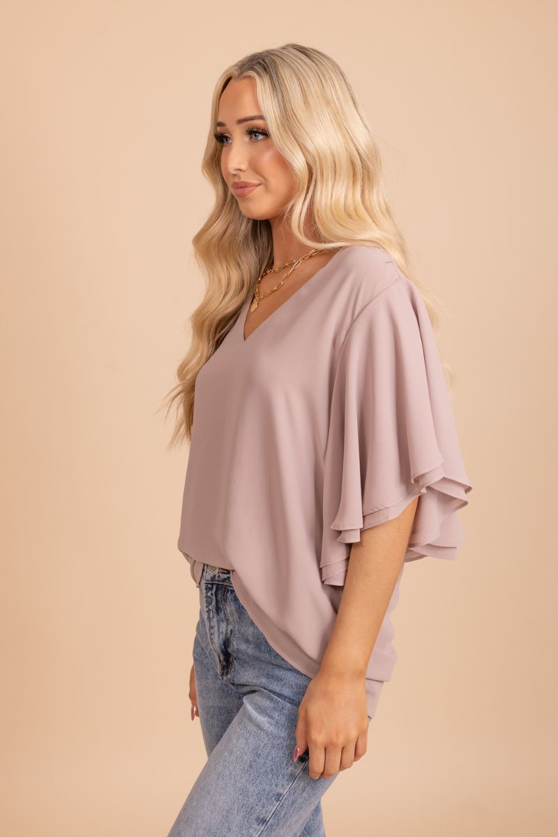 Women's Taupe Brown Flowy Silhouette Boutique Blouse
