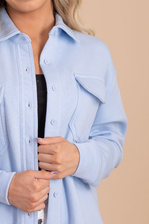 Women's Light Blue Front Pocket Boutique Shacket