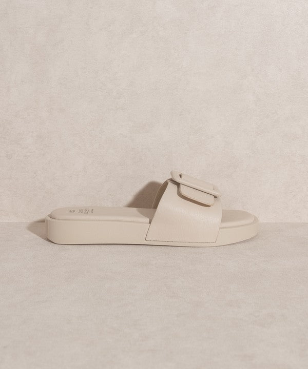 Beige Slide Sandals with Buckle Details