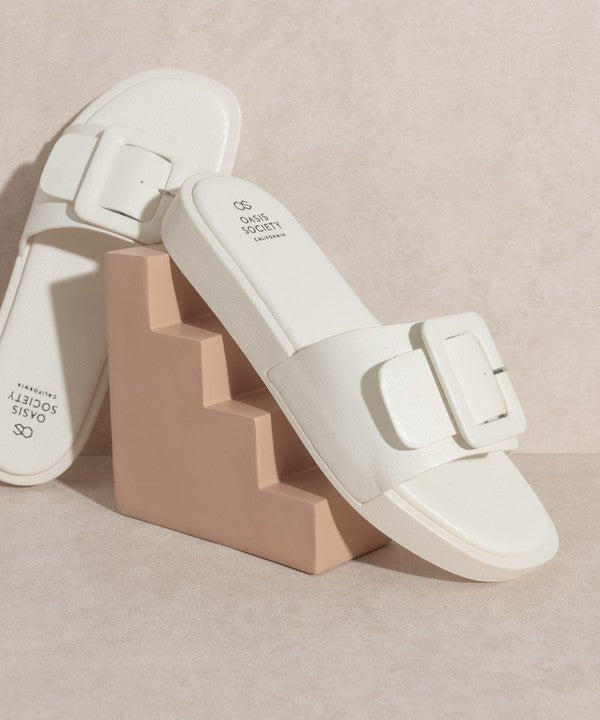 White Slide Sandals with Buckle Details